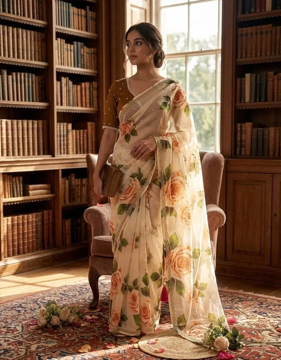 Elegant Floral Printed Saree for Festive and Party Wear