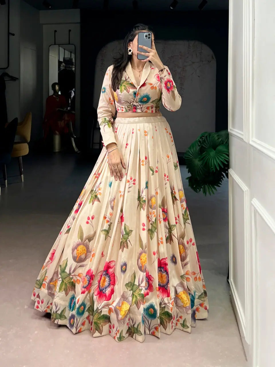 Elegant Floral Printed Tasar Silk Lehenga Set