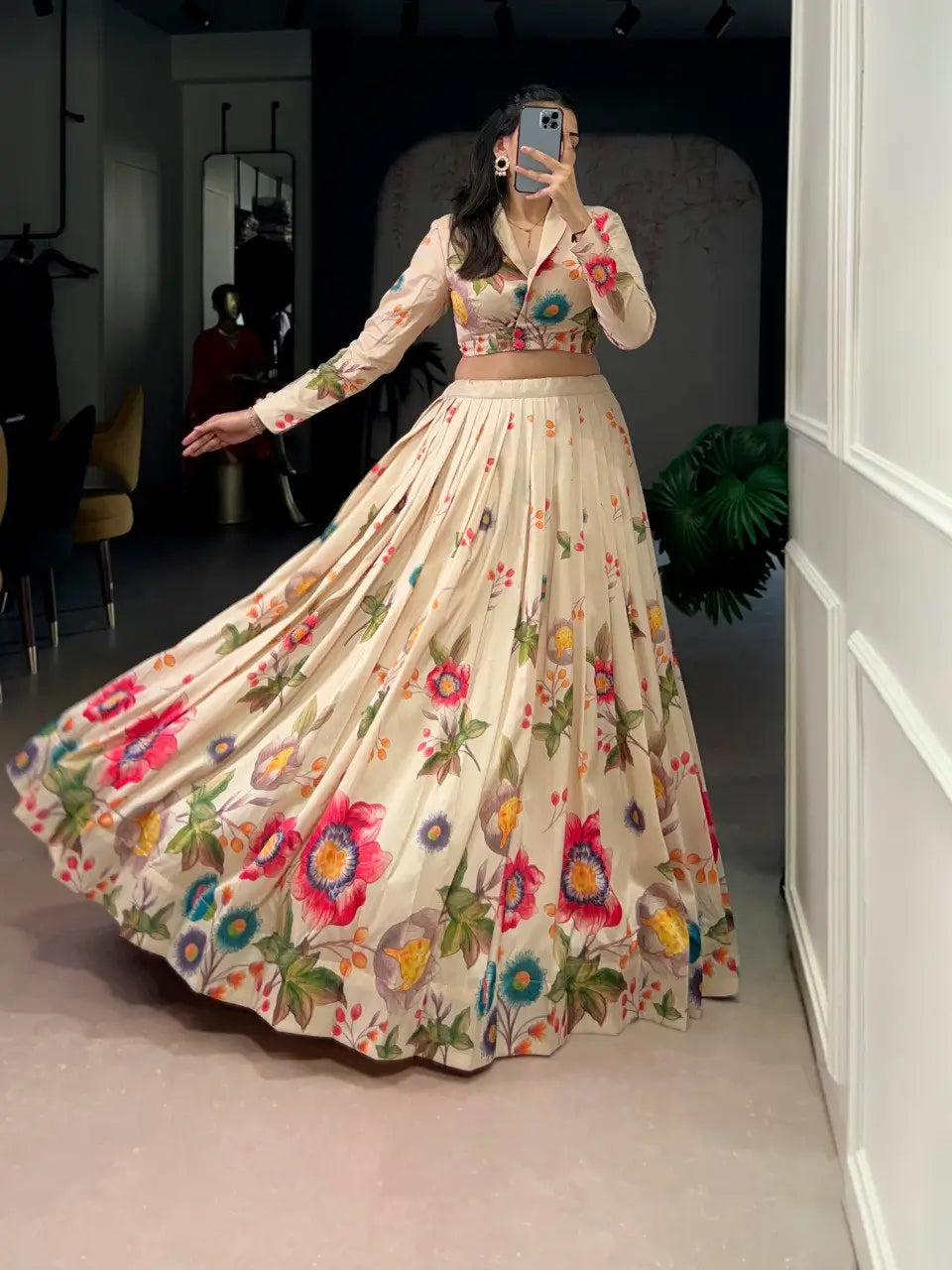 Elegant Floral Printed Tasar Silk Lehenga Set