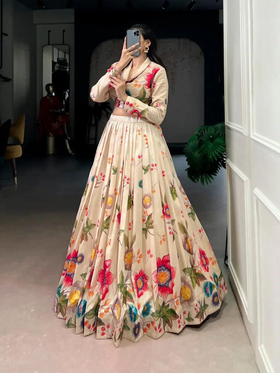 Elegant Floral Printed Tasar Silk Lehenga Set