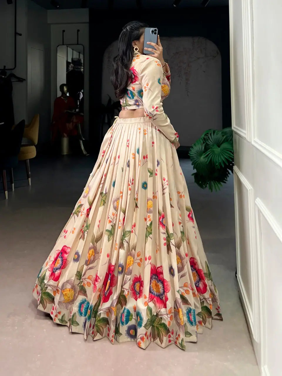 Elegant Floral Printed Tasar Silk Lehenga Set