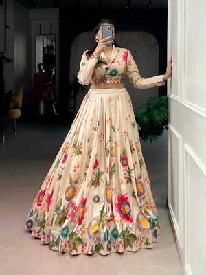Elegant Floral Printed Tasar Silk Lehenga Set