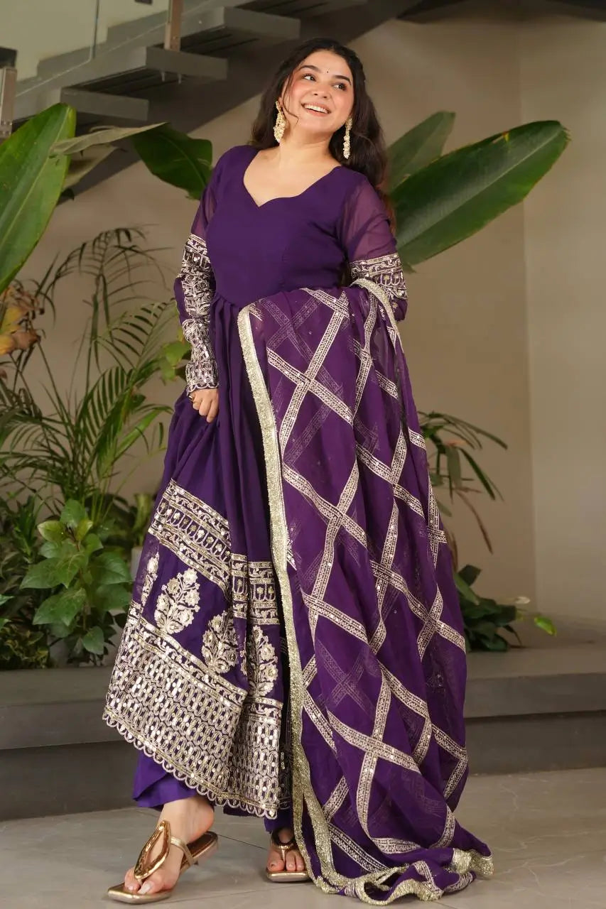 Elegant Fox Georgette Gown Set with Embroidery Sequins Work | Pant & Dupatta | Fully Stitched