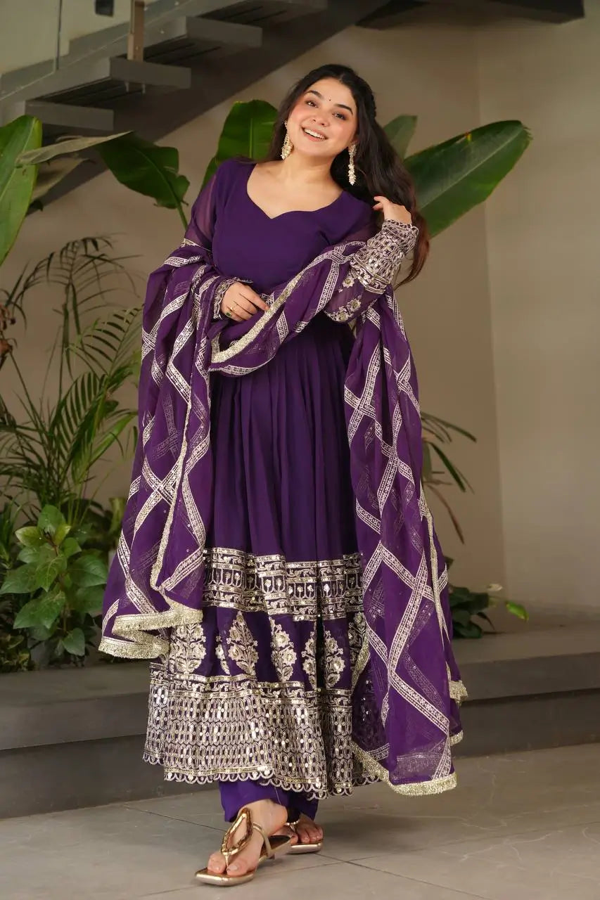 Elegant Fox Georgette Gown Set with Embroidery Sequins Work | Pant & Dupatta | Fully Stitched