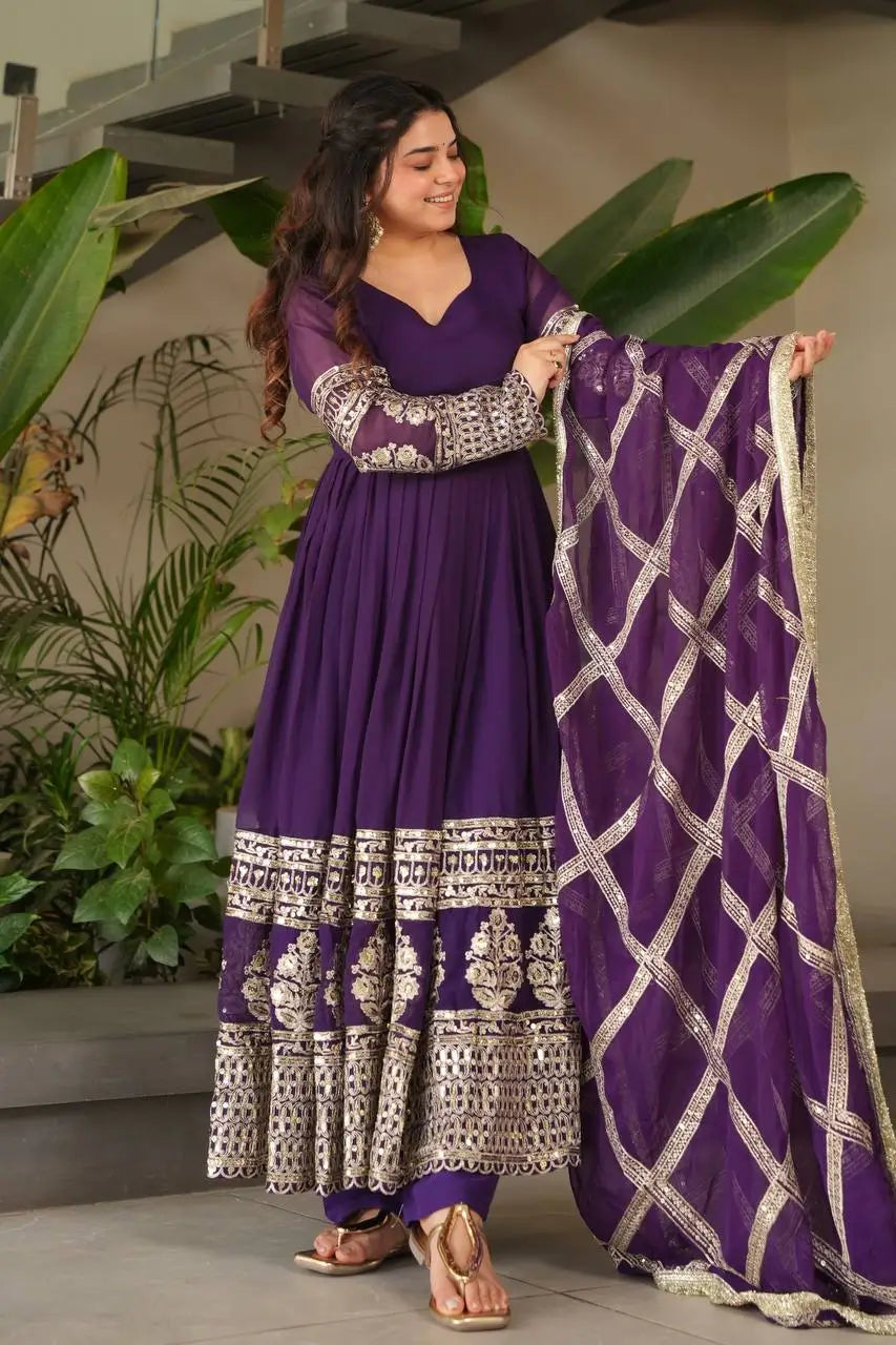 Elegant Fox Georgette Gown Set with Embroidery Sequins Work | Pant & Dupatta | Fully Stitched