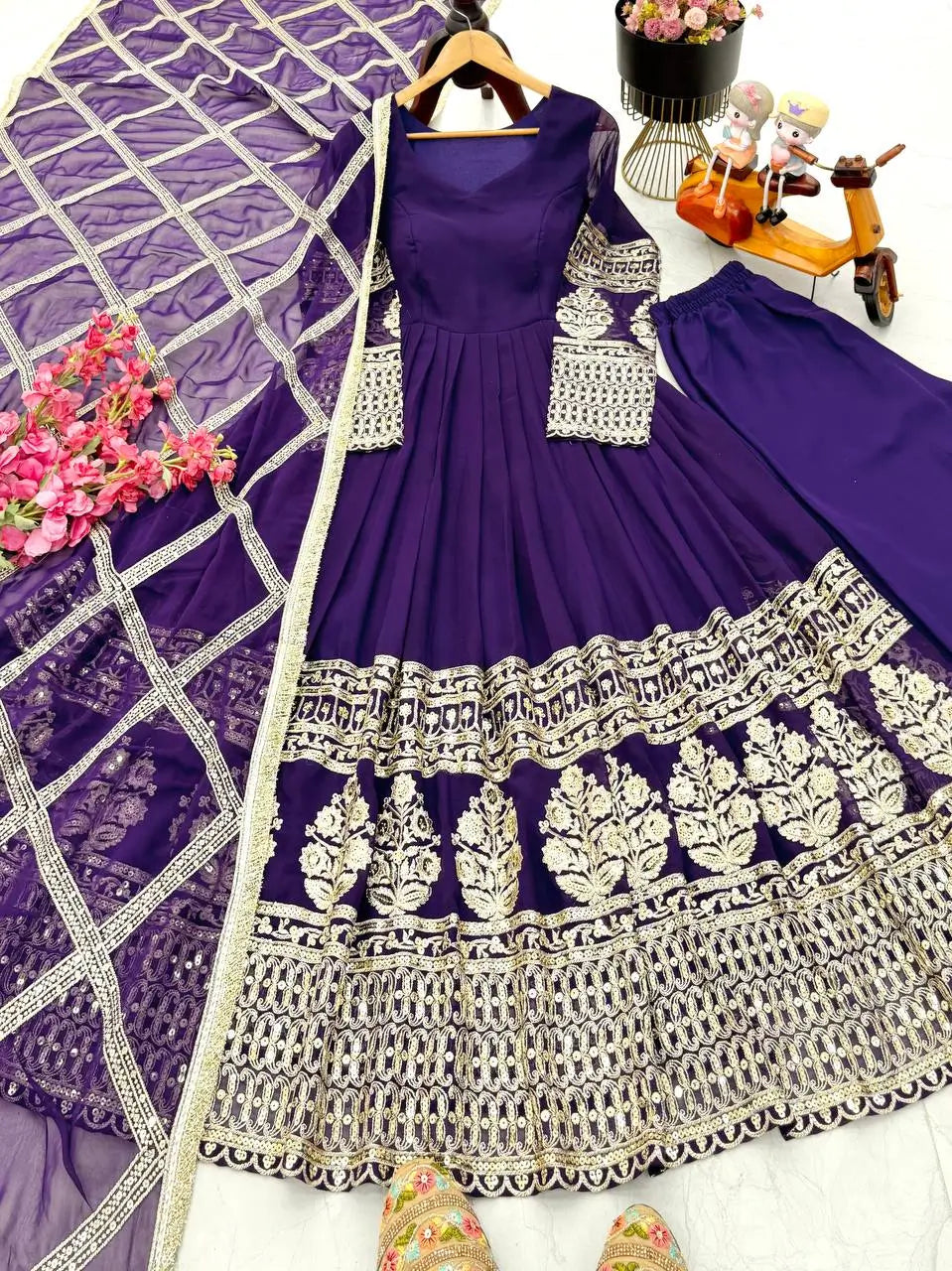 Elegant Fox Georgette Gown Set with Embroidery Sequins Work | Pant & Dupatta | Fully Stitched