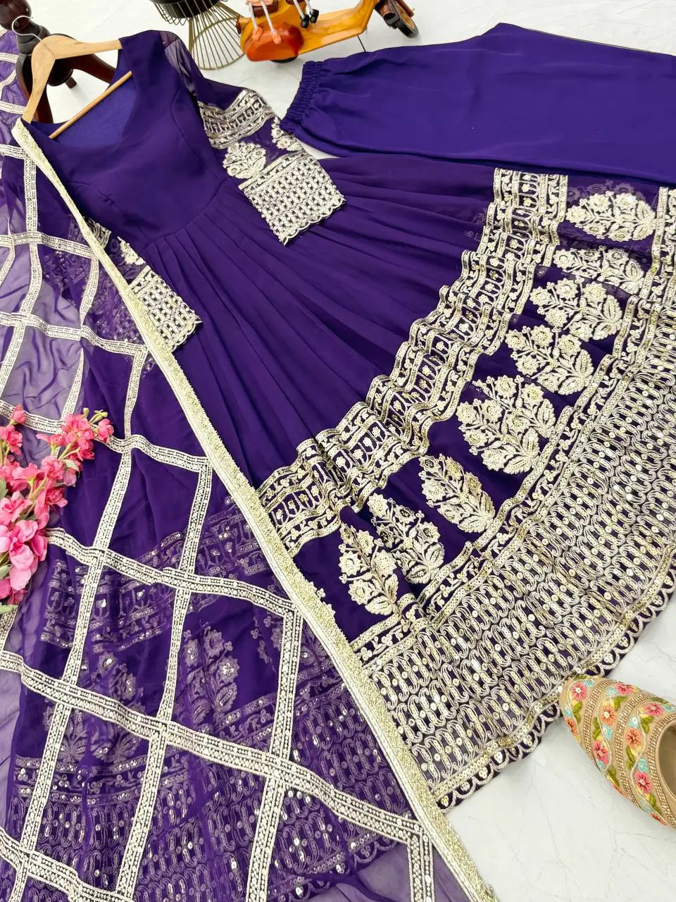 Elegant Fox Georgette Gown Set with Embroidery Sequins Work | Pant & Dupatta | Fully Stitched