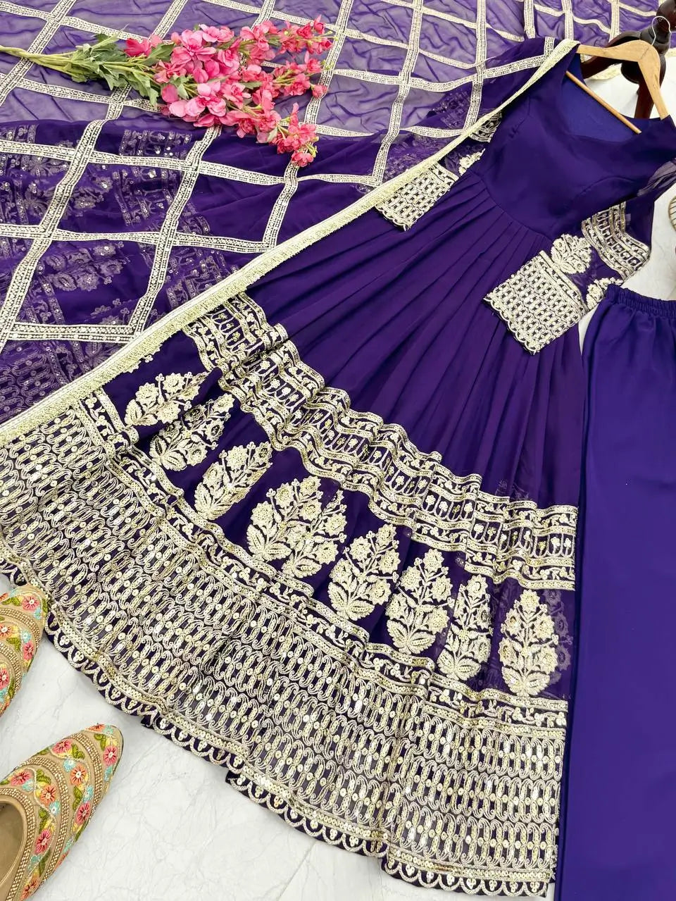 Elegant Fox Georgette Gown Set with Embroidery Sequins Work | Pant & Dupatta | Fully Stitched