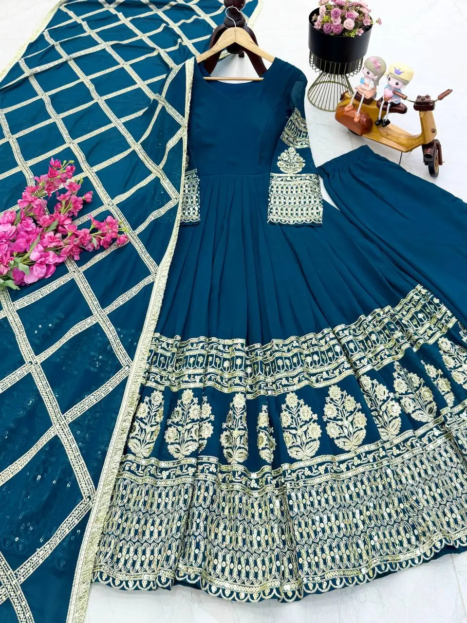 Elegant Fox Georgette Gown Set with Embroidery Sequins Work | Pant & Dupatta | Fully Stitched