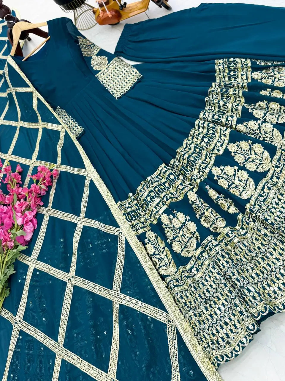 Elegant Fox Georgette Gown Set with Embroidery Sequins Work | Pant & Dupatta | Fully Stitched