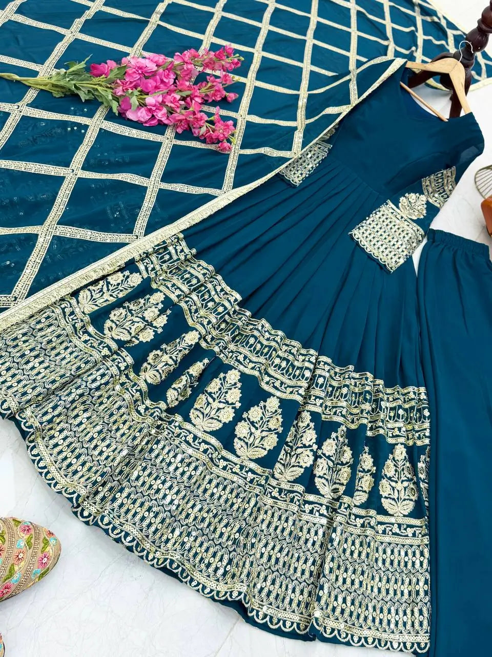 Elegant Fox Georgette Gown Set with Embroidery Sequins Work | Pant & Dupatta | Fully Stitched