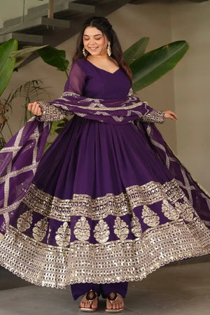Elegant Fox Georgette Gown Set with Embroidery Sequins Work | Pant & Dupatta | Fully Stitched