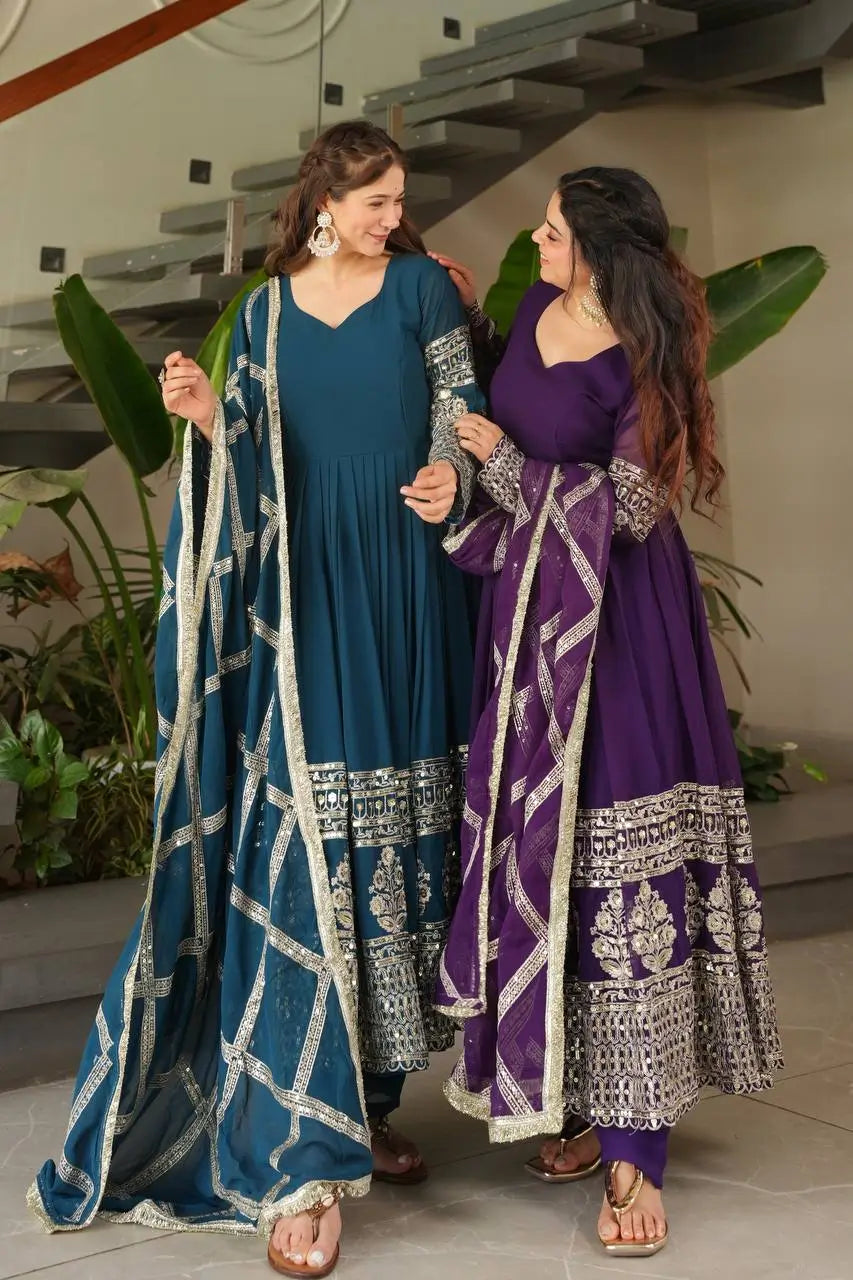 Elegant Fox Georgette Gown Set with Embroidery Sequins Work | Pant & Dupatta | Fully Stitched