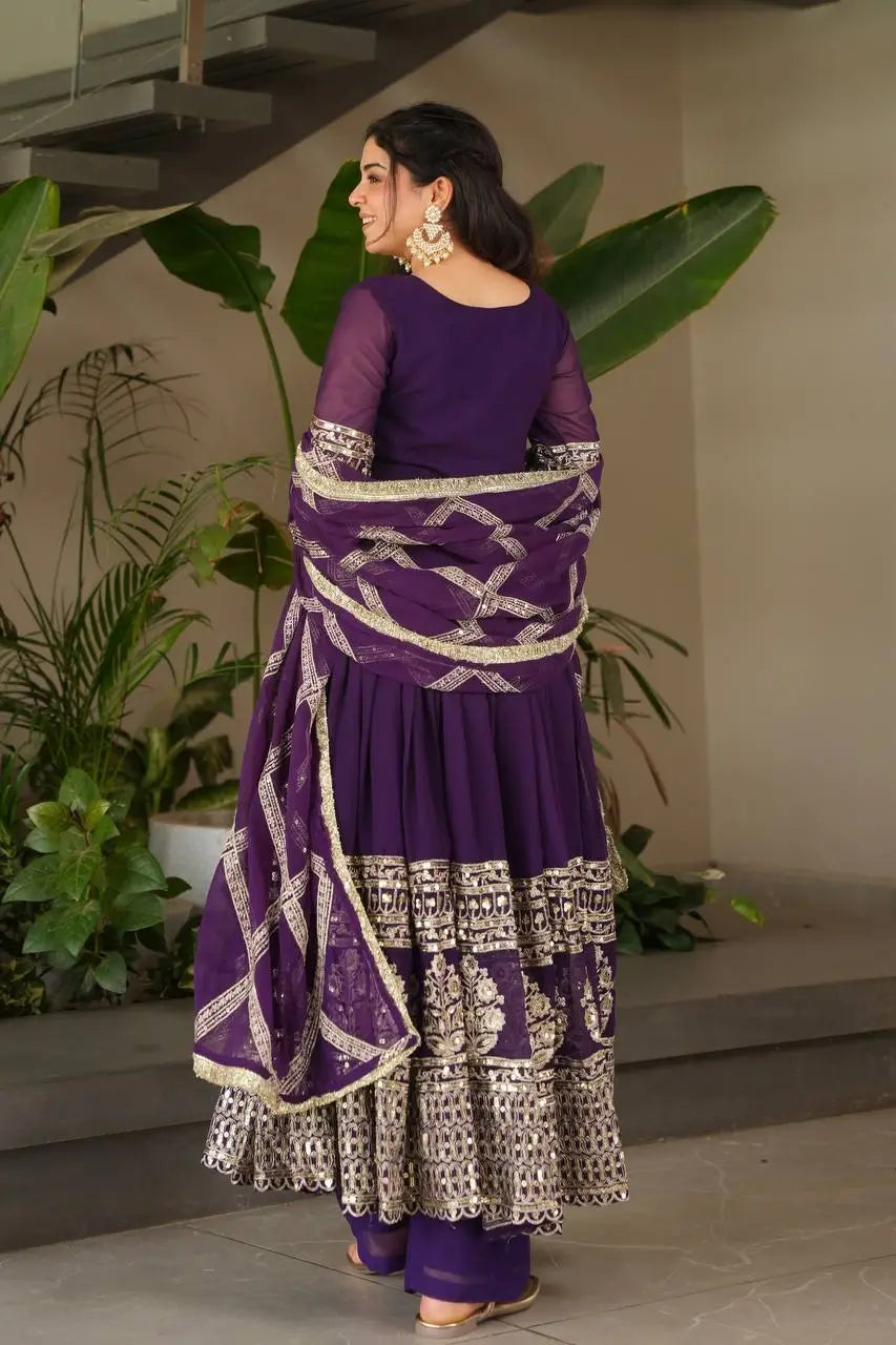 Elegant Fox Georgette Gown Set with Embroidery Sequins Work | Pant & Dupatta | Fully Stitched