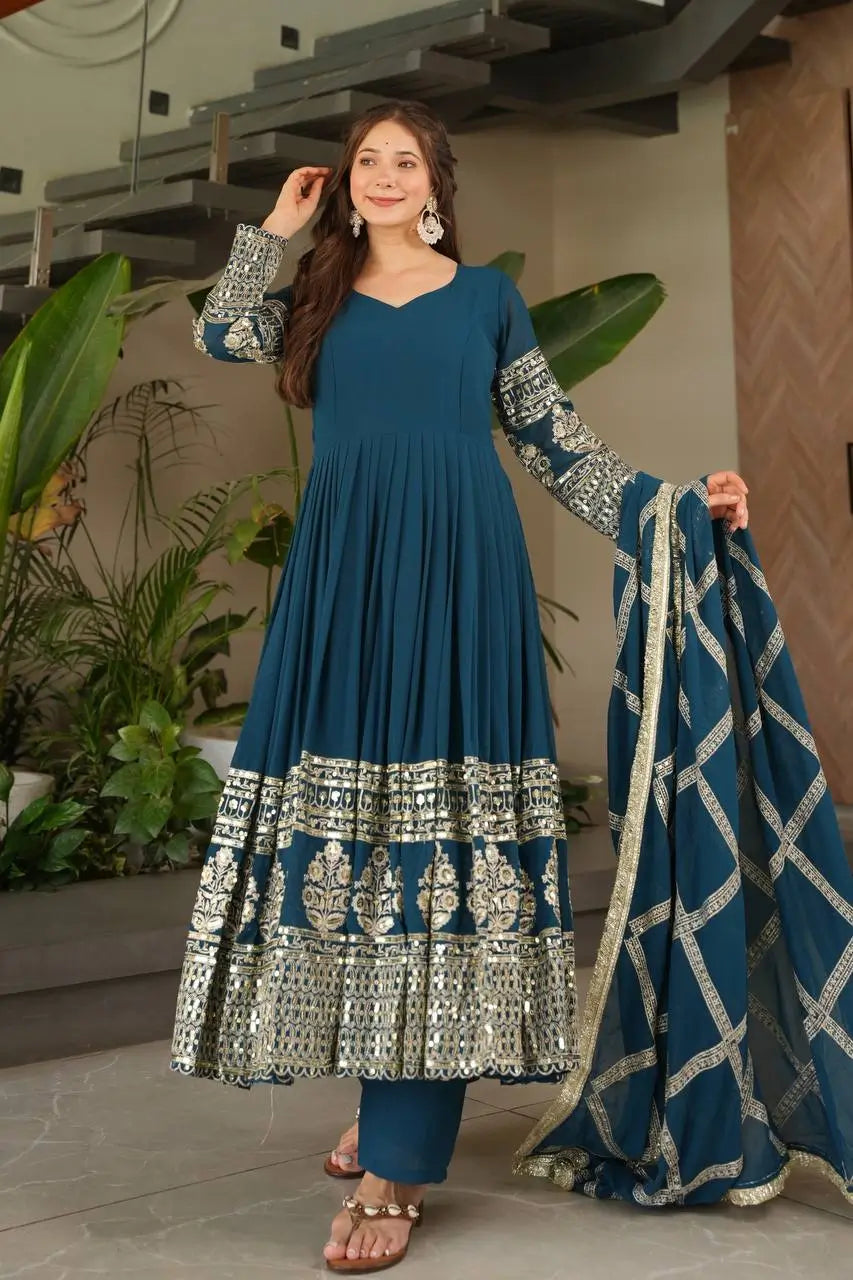 Elegant Fox Georgette Gown Set with Embroidery Sequins Work | Pant & Dupatta | Fully Stitched