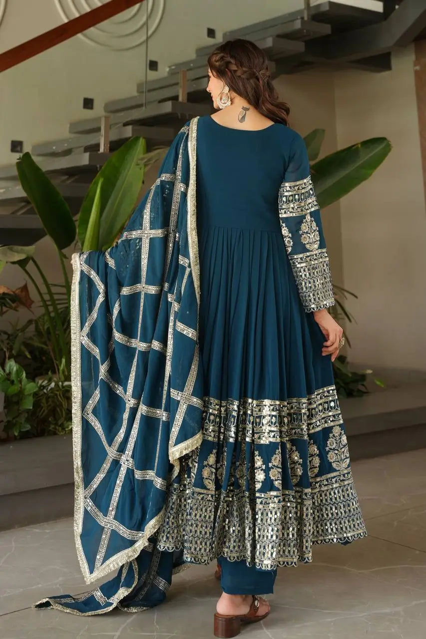 Elegant Fox Georgette Gown Set with Embroidery Sequins Work | Pant & Dupatta | Fully Stitched