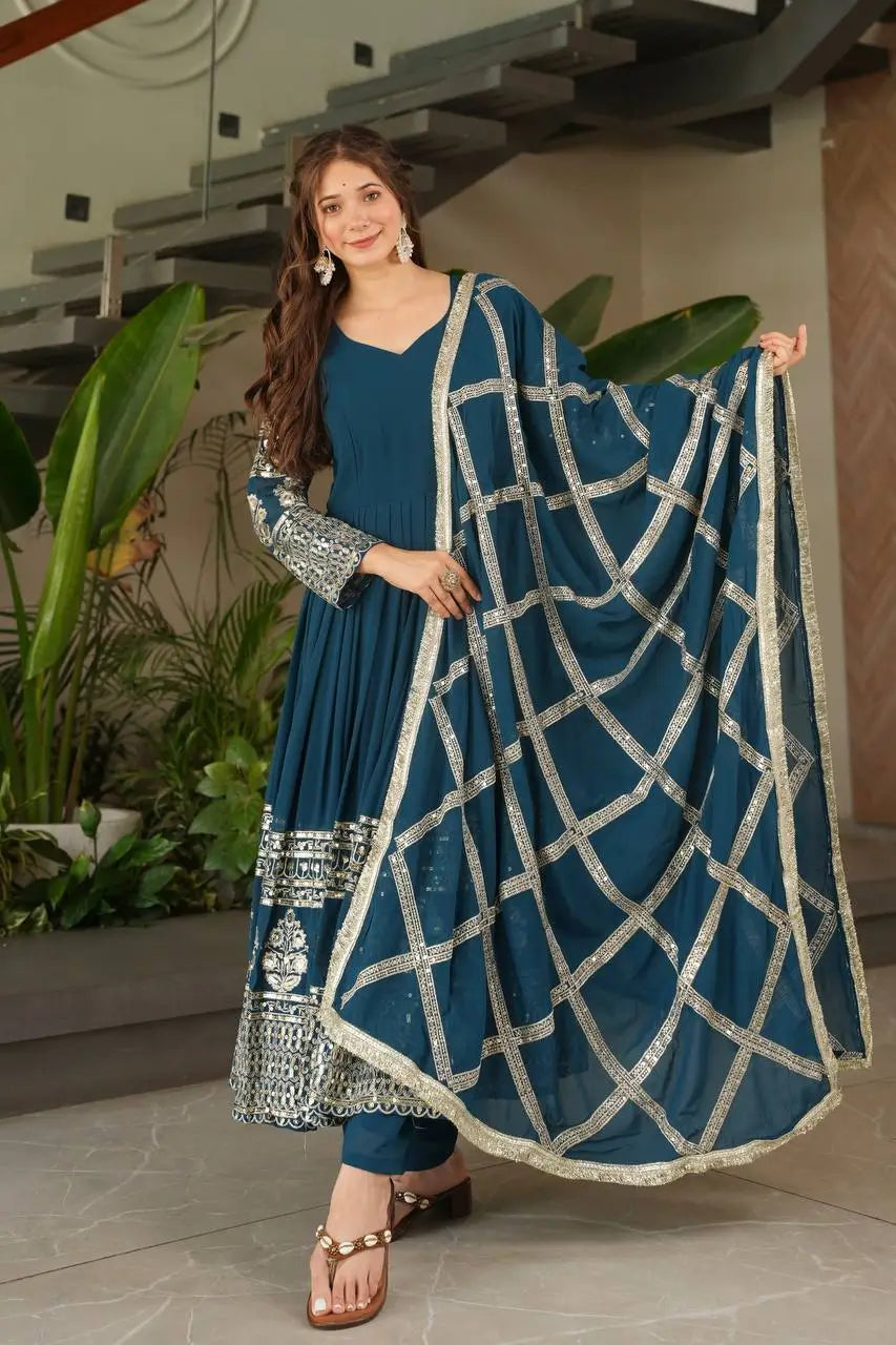 Elegant Fox Georgette Gown Set with Embroidery Sequins Work | Pant & Dupatta | Fully Stitched