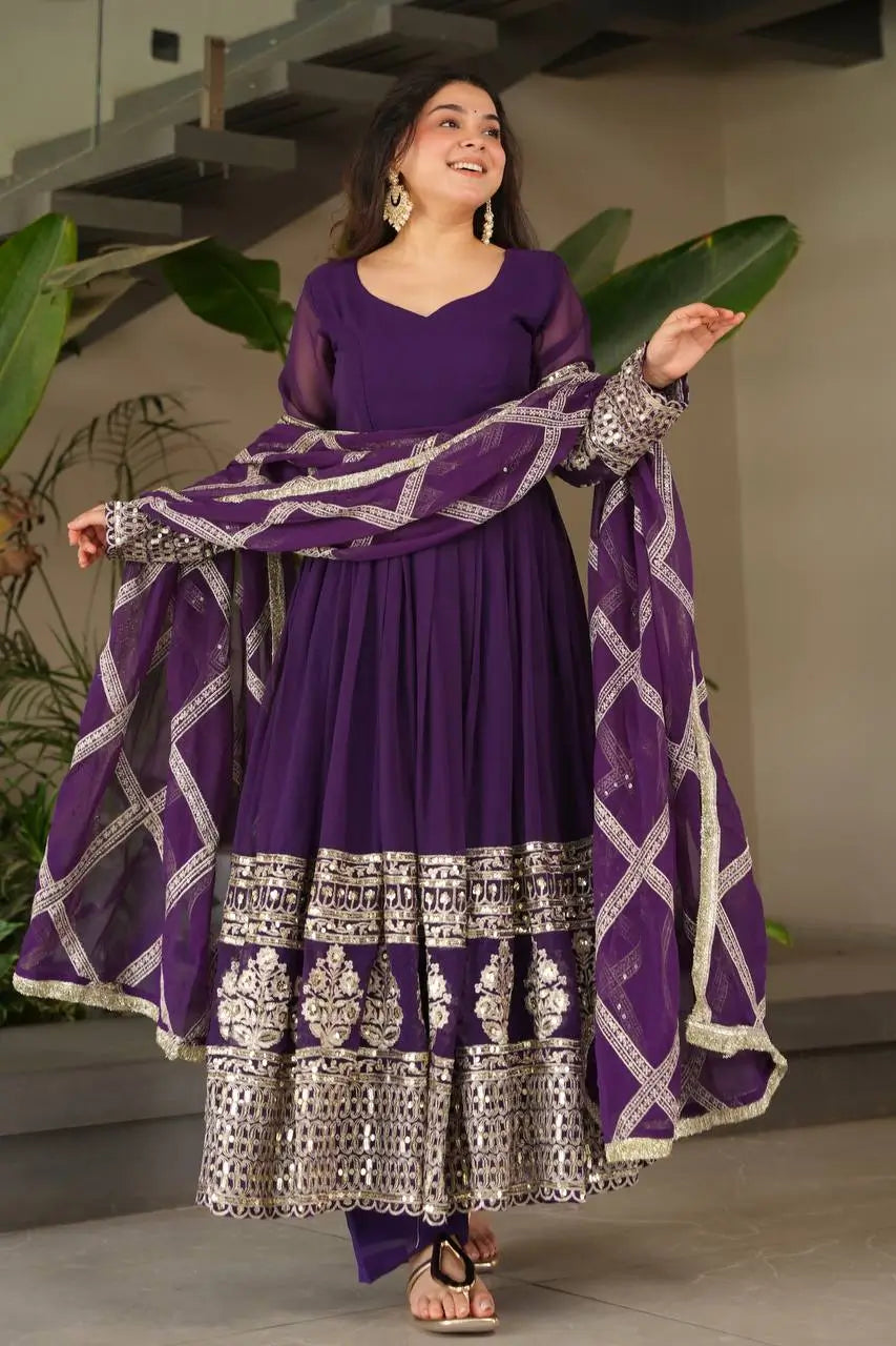 Elegant Fox Georgette Gown Set with Embroidery Sequins Work | Pant & Dupatta | Fully Stitched