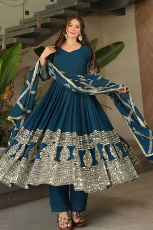 Elegant Fox Georgette Gown Set with Embroidery Sequins Work | Pant & Dupatta | Fully Stitched