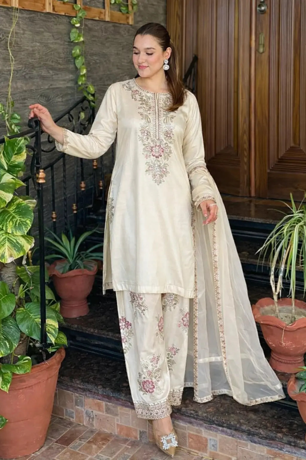 Elegant French Crepe Farshi Suit Set for Festive and Occasion Wear