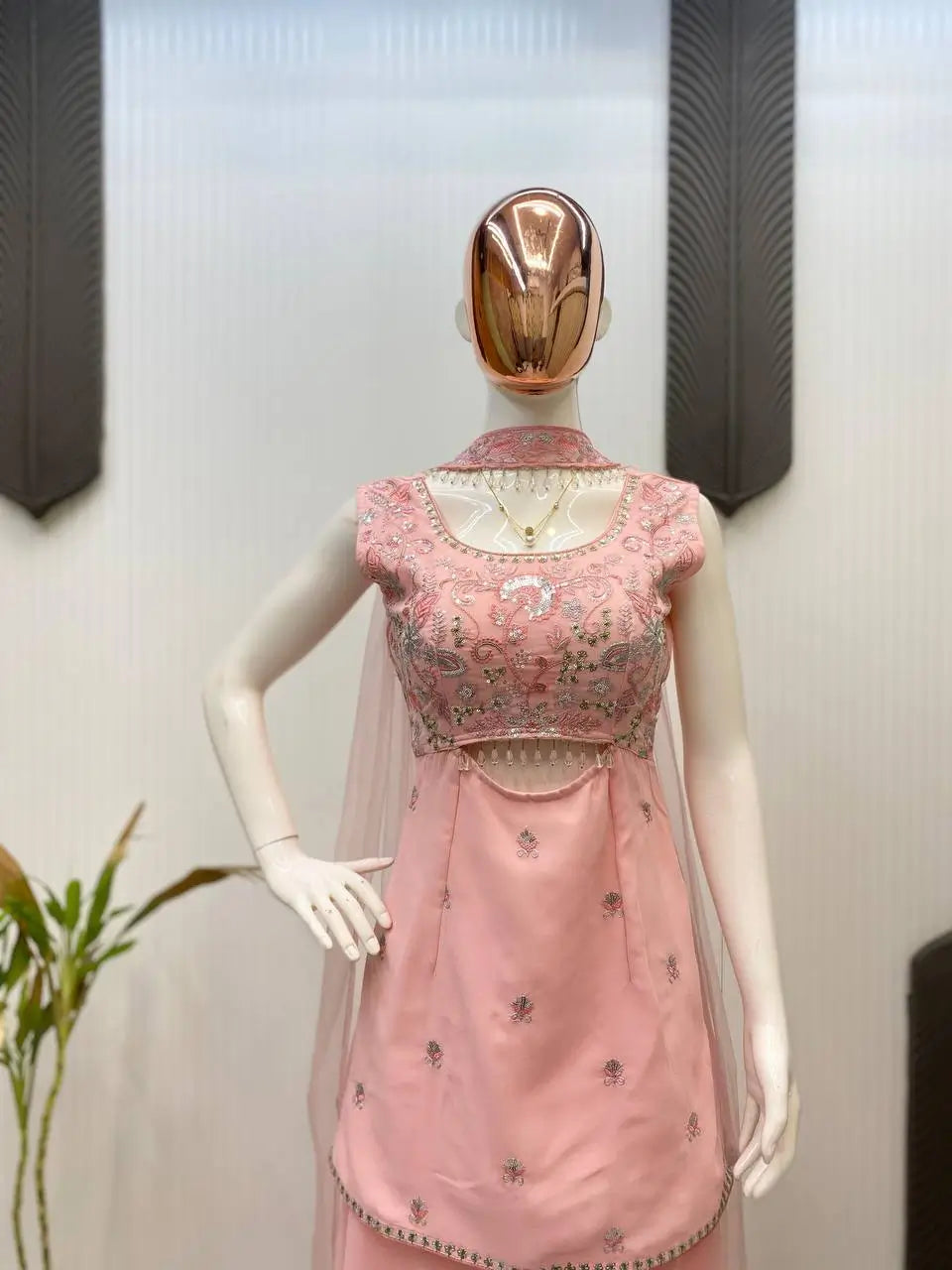 Elegant Georgette Embroidered Top Plazzo Set with Butterfly Net Dupatta