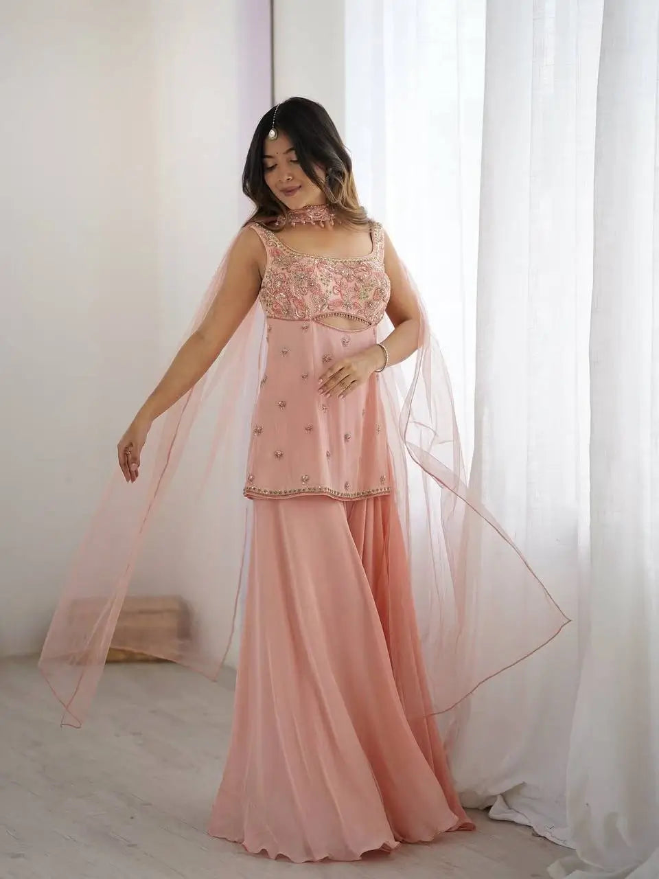 Elegant Georgette Embroidered Top Plazzo Set with Butterfly Net Dupatta