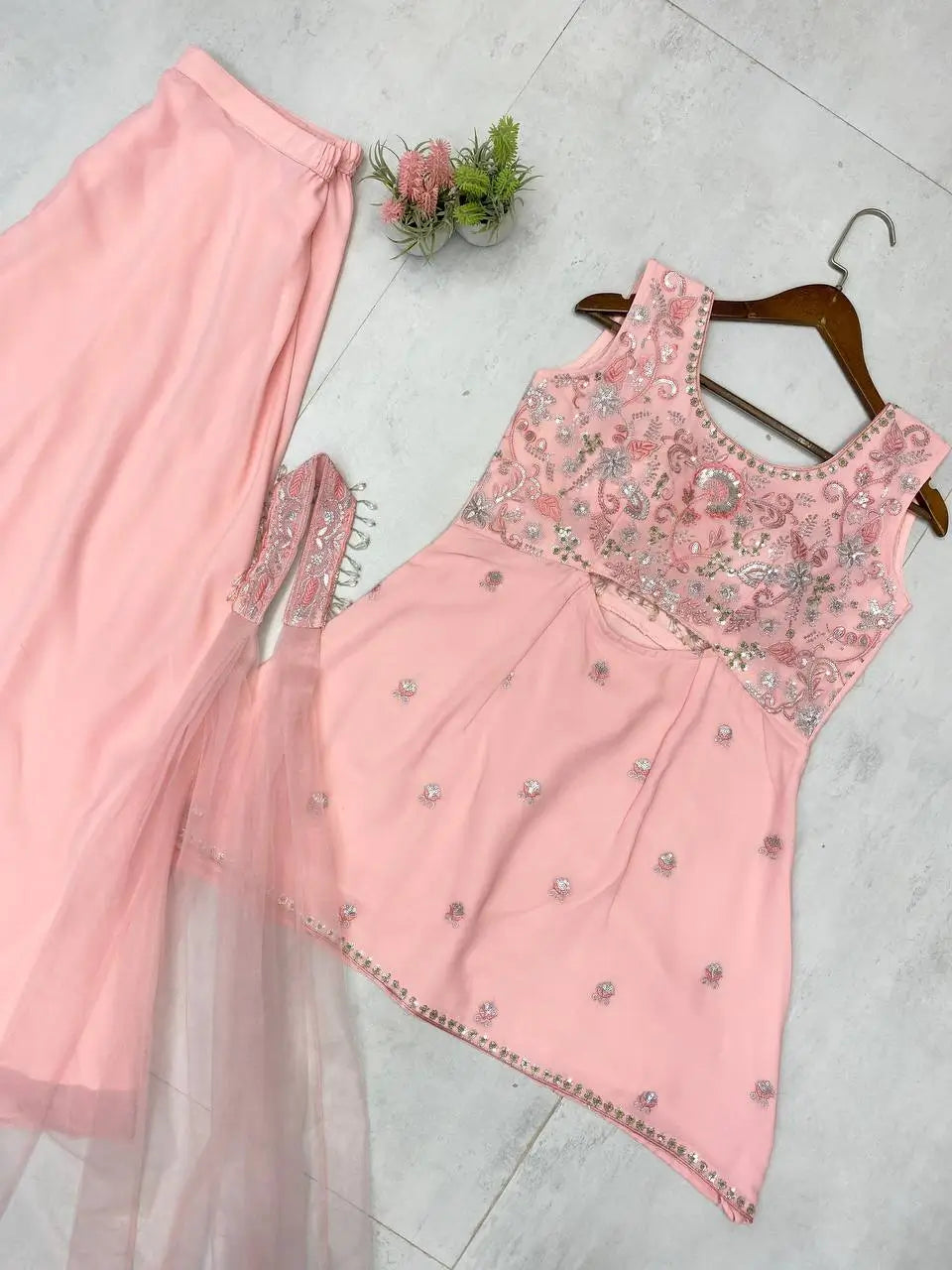 Elegant Georgette Embroidered Top Plazzo Set with Butterfly Net Dupatta