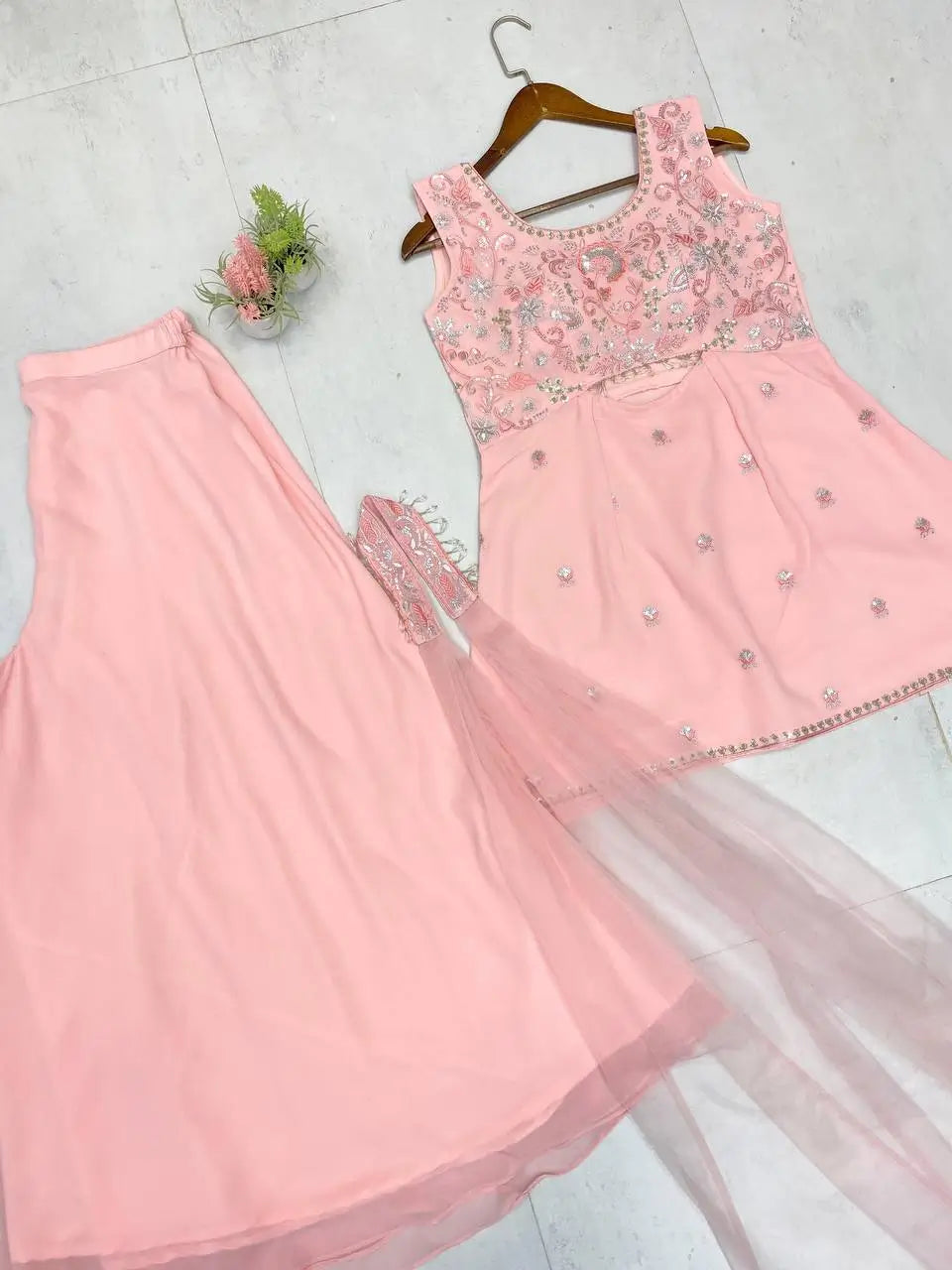 Elegant Georgette Embroidered Top Plazzo Set with Butterfly Net Dupatta