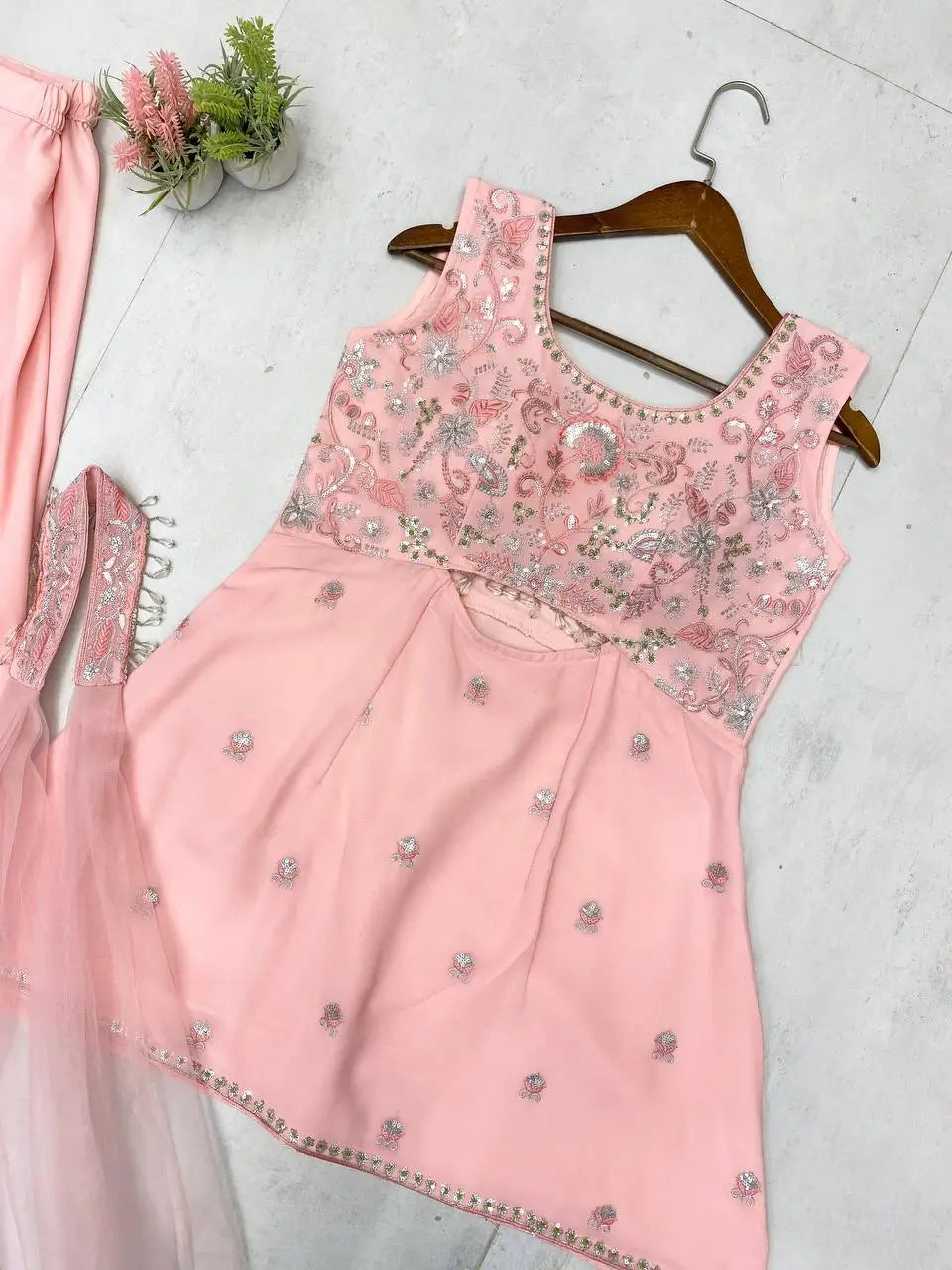 Elegant Georgette Embroidered Top Plazzo Set with Butterfly Net Dupatta