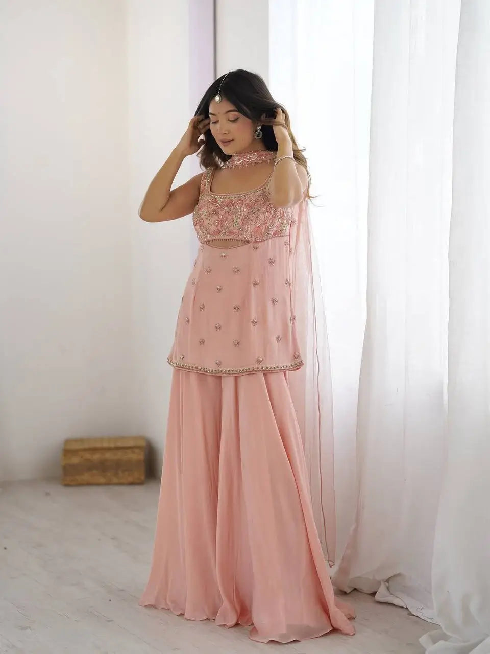 Elegant Georgette Embroidered Top Plazzo Set with Butterfly Net Dupatta