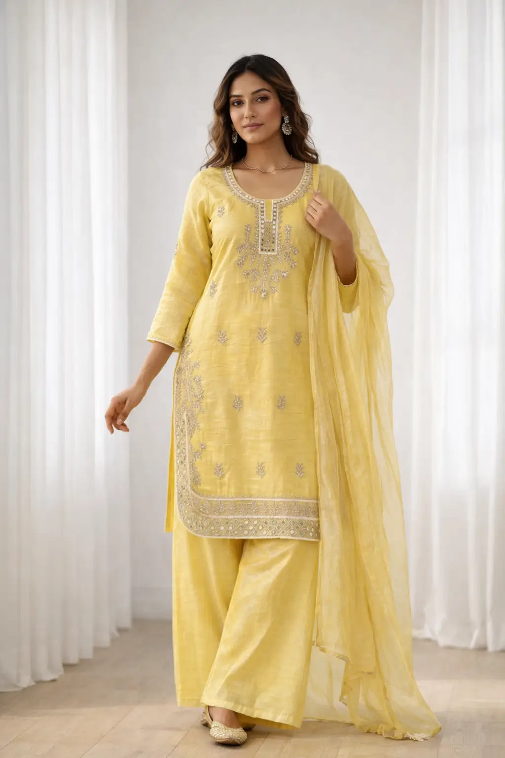 Elegant Gold Crunchy Mirror Work Suit Set for Festive and Traditional Wear