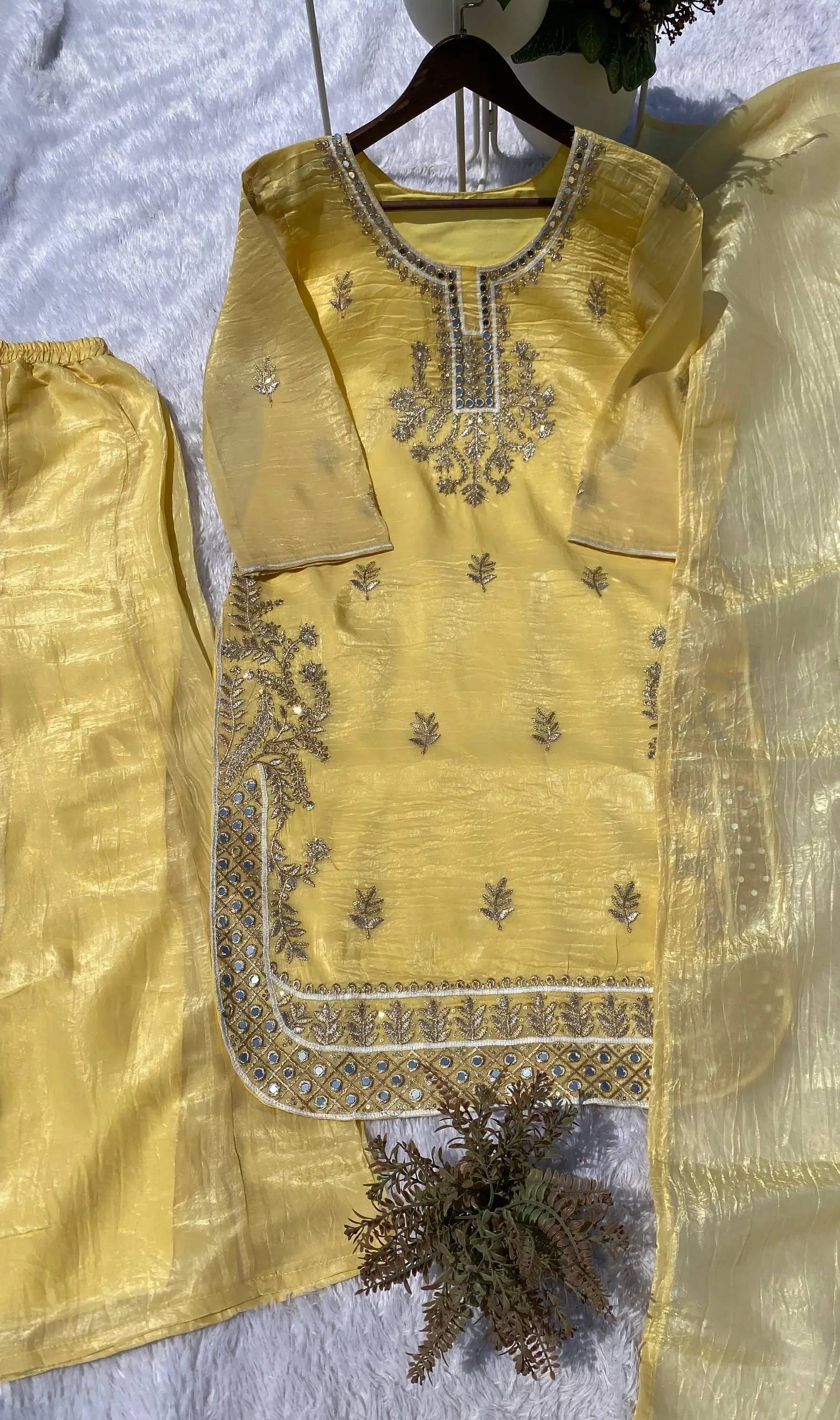 Elegant Gold Crunchy Mirror Work Suit Set for Festive and Traditional Wear