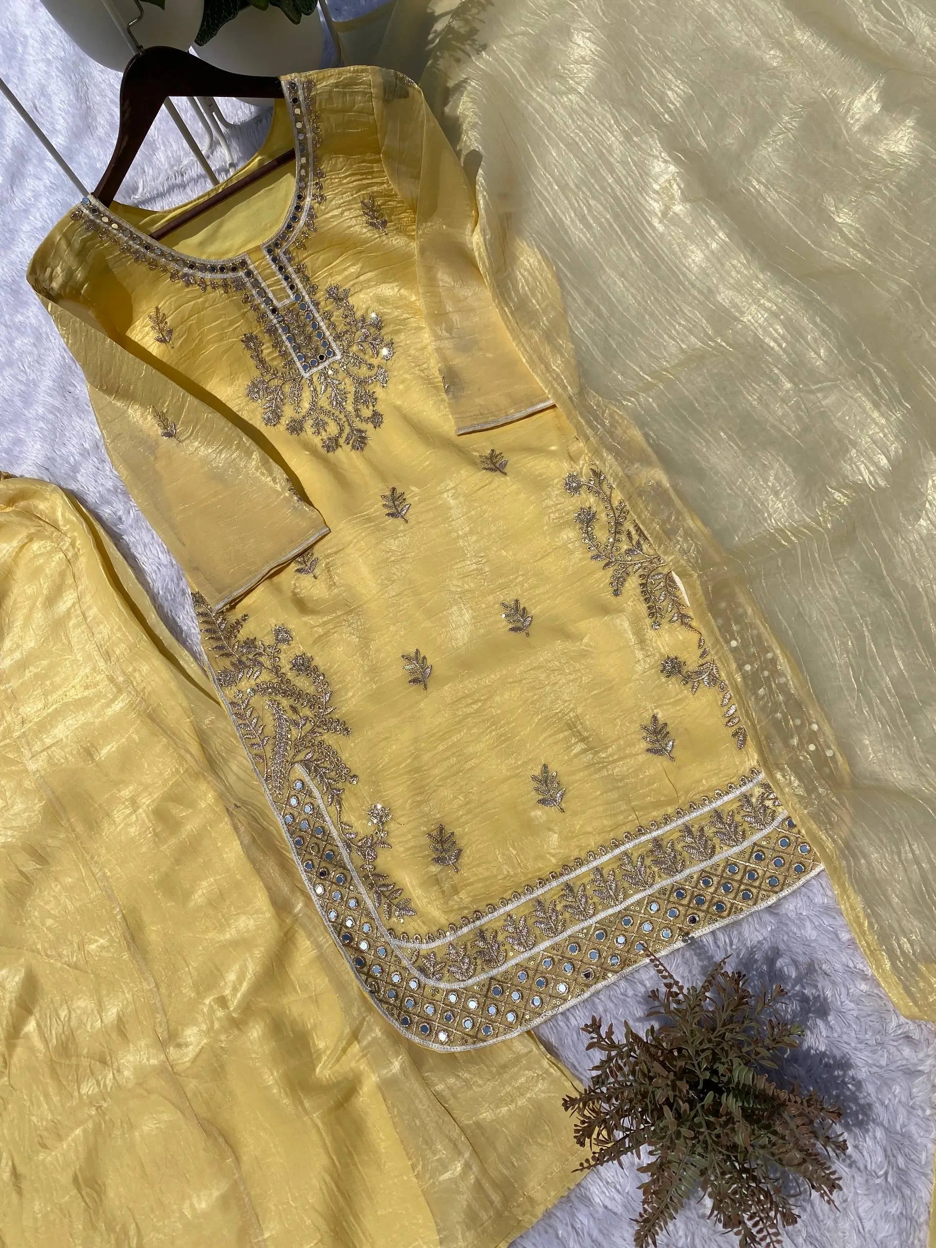 Elegant Gold Crunchy Mirror Work Suit Set for Festive and Traditional Wear