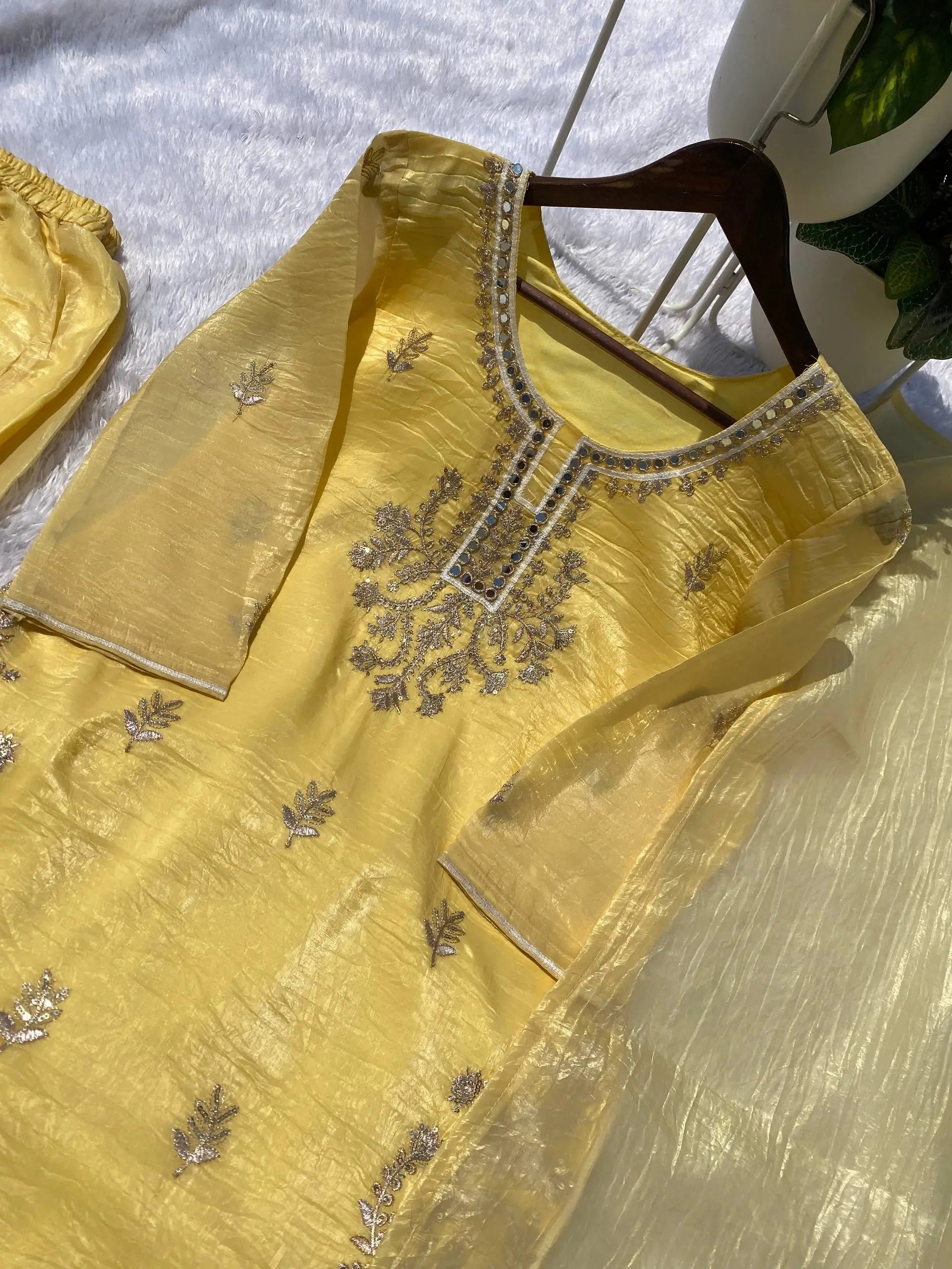 Elegant Gold Crunchy Mirror Work Suit Set for Festive and Traditional Wear