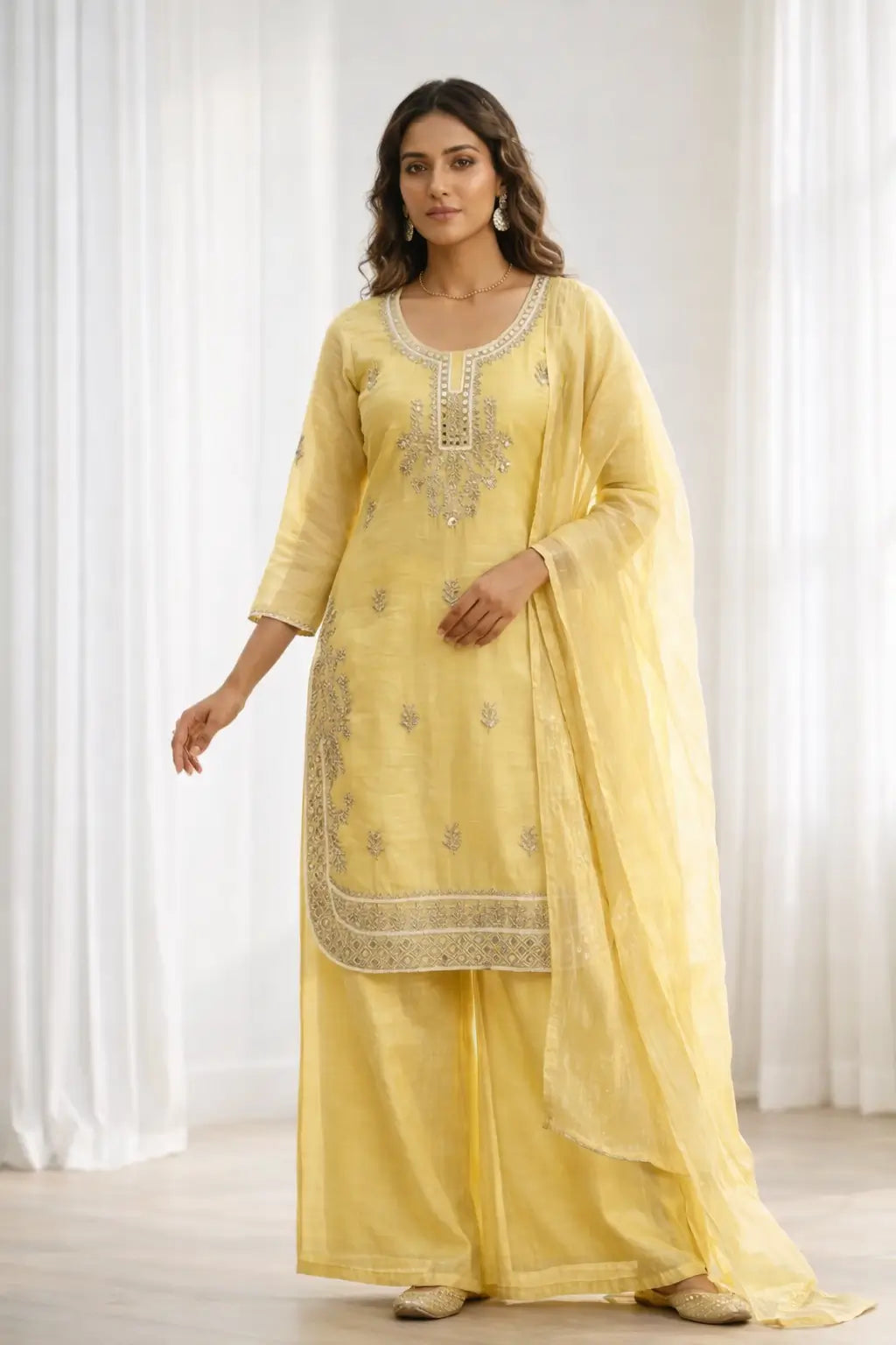 Elegant Gold Crunchy Mirror Work Suit Set for Festive and Traditional Wear