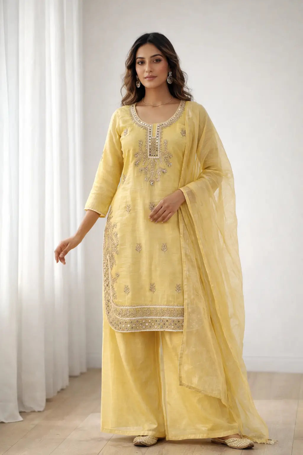 Elegant Gold Crunchy Mirror Work Suit Set for Festive and Traditional Wear