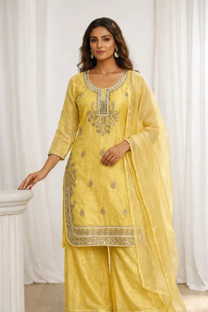 Elegant Gold Crunchy Mirror Work Suit Set for Festive and Traditional Wear