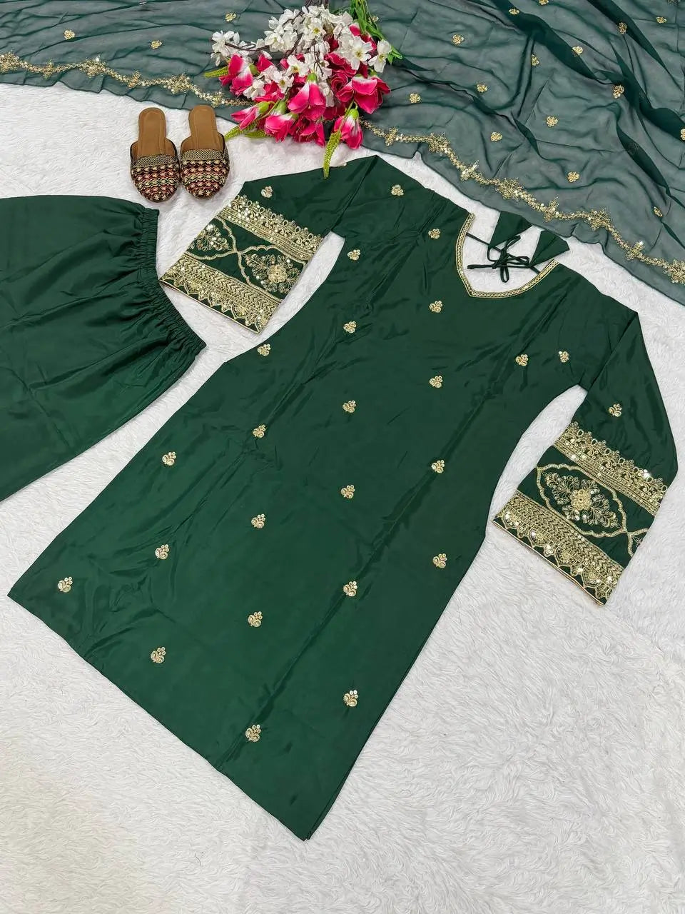 Elegant Green Embroidered Crepe Silk Suit Set for Festive and Party Wear