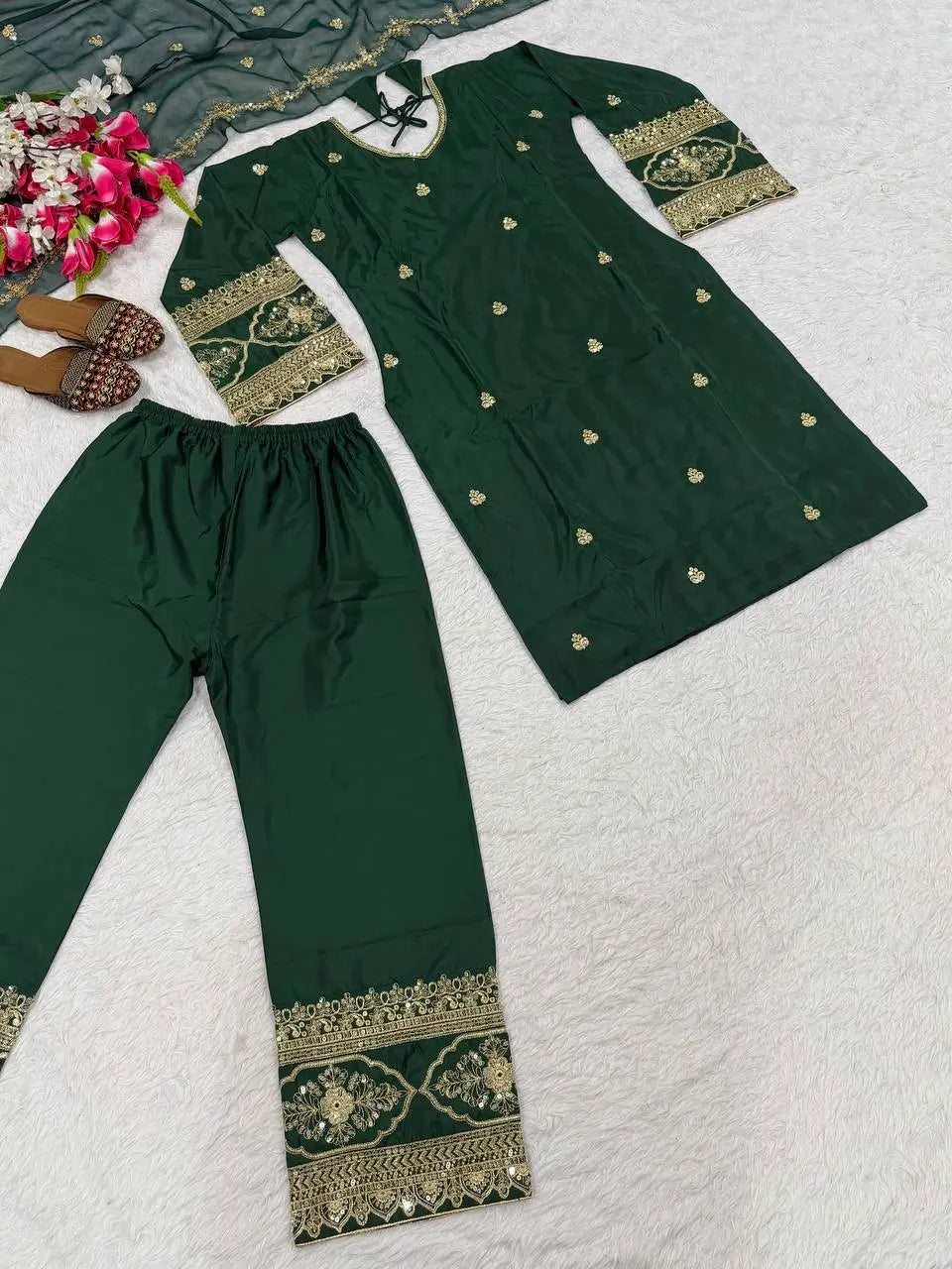 Elegant Green Embroidered Crepe Silk Suit Set for Festive and Party Wear