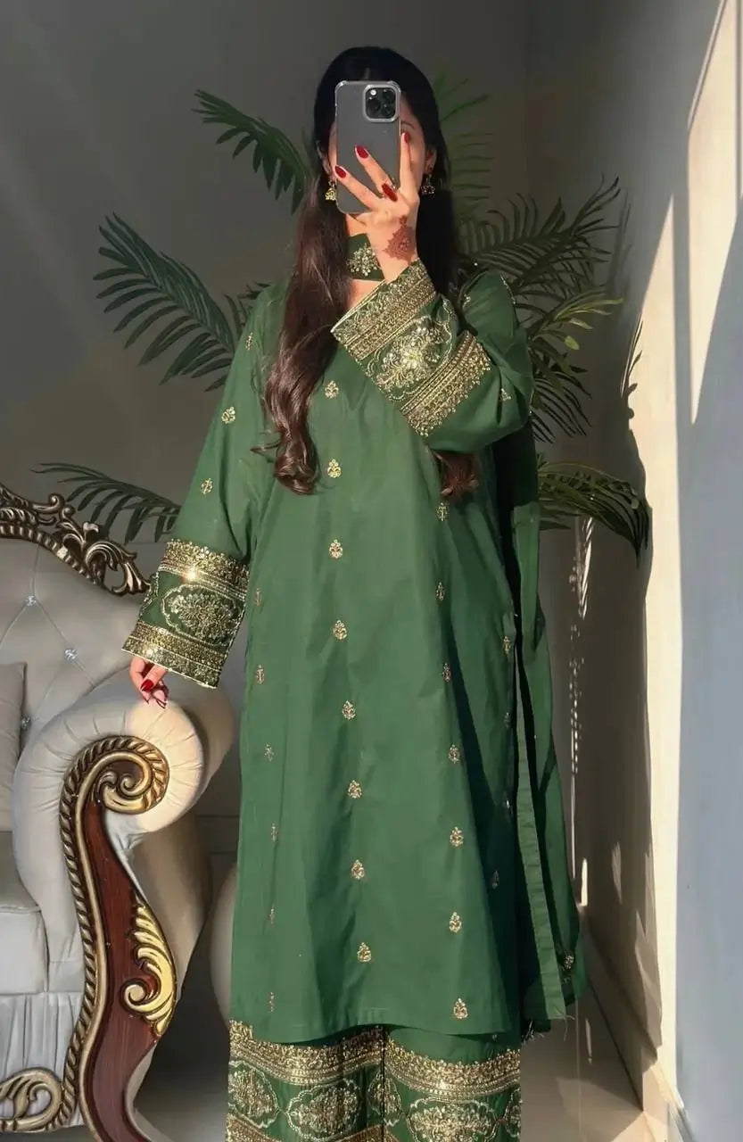 Elegant Green Embroidered Crepe Silk Suit Set for Festive and Party Wear