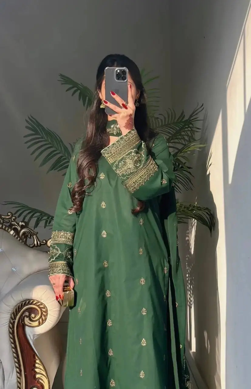 Elegant Green Embroidered Crepe Silk Suit Set for Festive and Party Wear