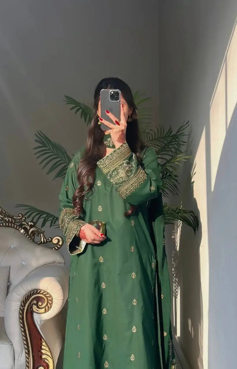 Elegant Green Embroidered Crepe Silk Suit Set for Festive and Party Wear