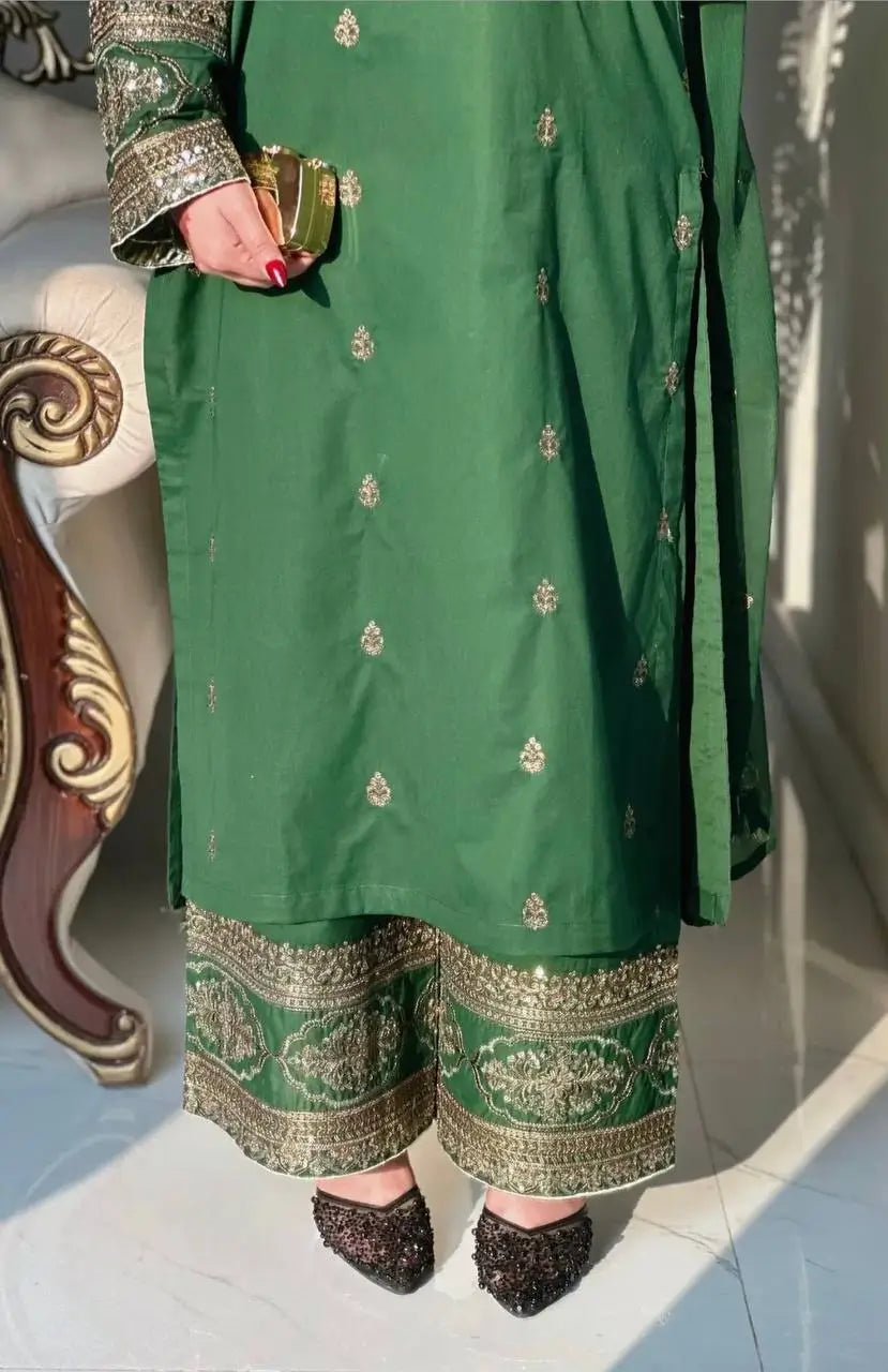 Elegant Green Embroidered Crepe Silk Suit Set for Festive and Party Wear