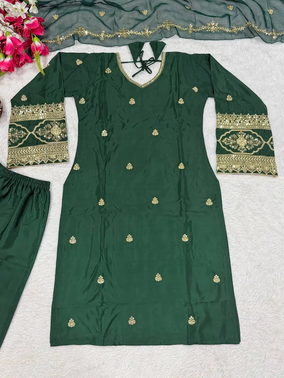 Elegant Green Embroidered Crepe Silk Suit Set for Festive and Party Wear
