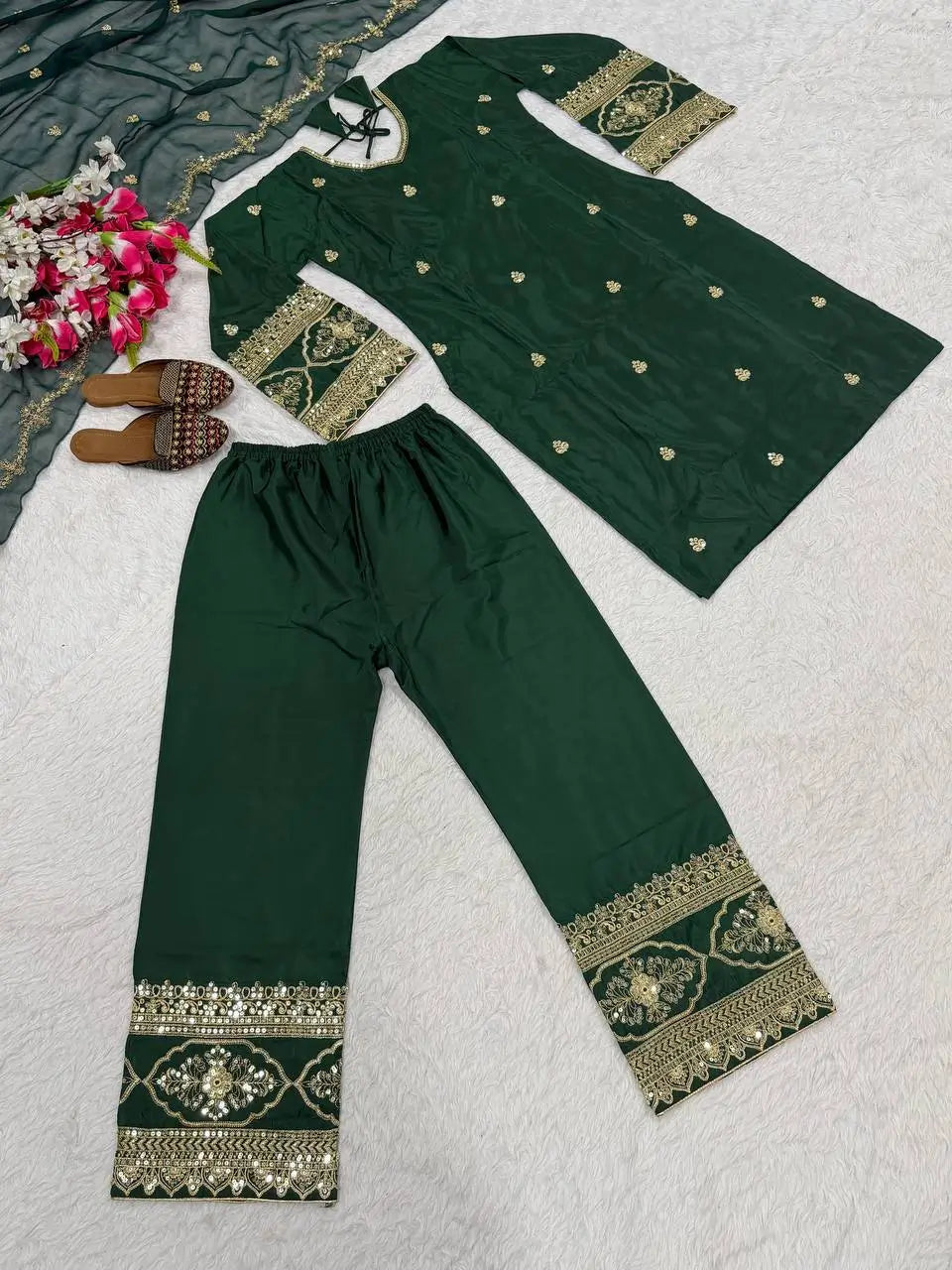 Elegant Green Embroidered Crepe Silk Suit Set for Festive and Party Wear