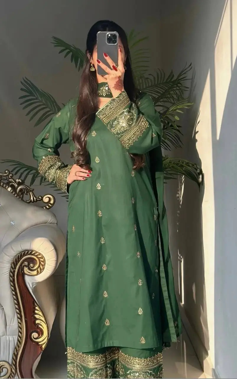 Elegant Green Embroidered Crepe Silk Suit Set for Festive and Party Wear