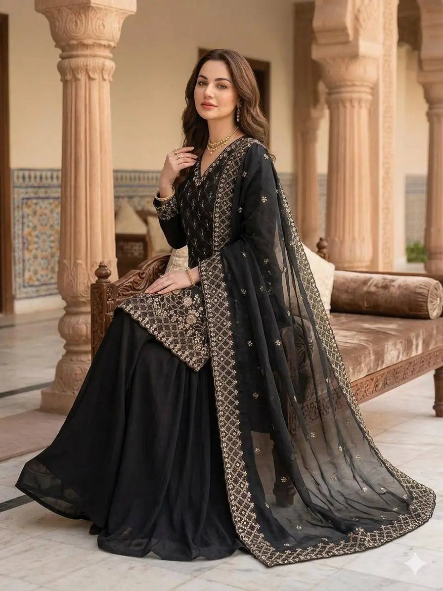 Elegant Hand Beaded Embroidered Palazzo Suit Set for Festive and Family Functions