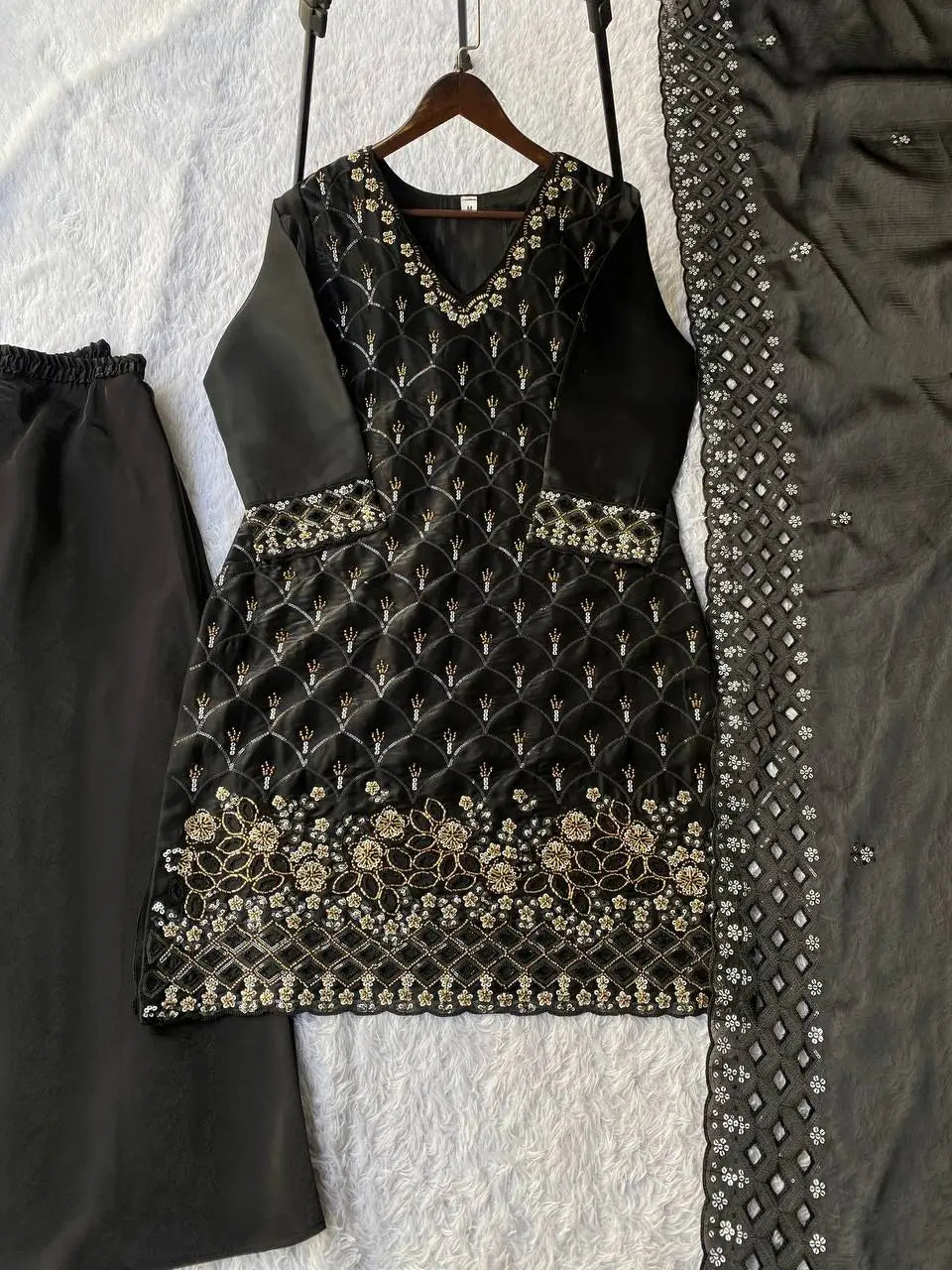 Elegant Hand Beaded Embroidered Palazzo Suit Set for Festive and Family Functions