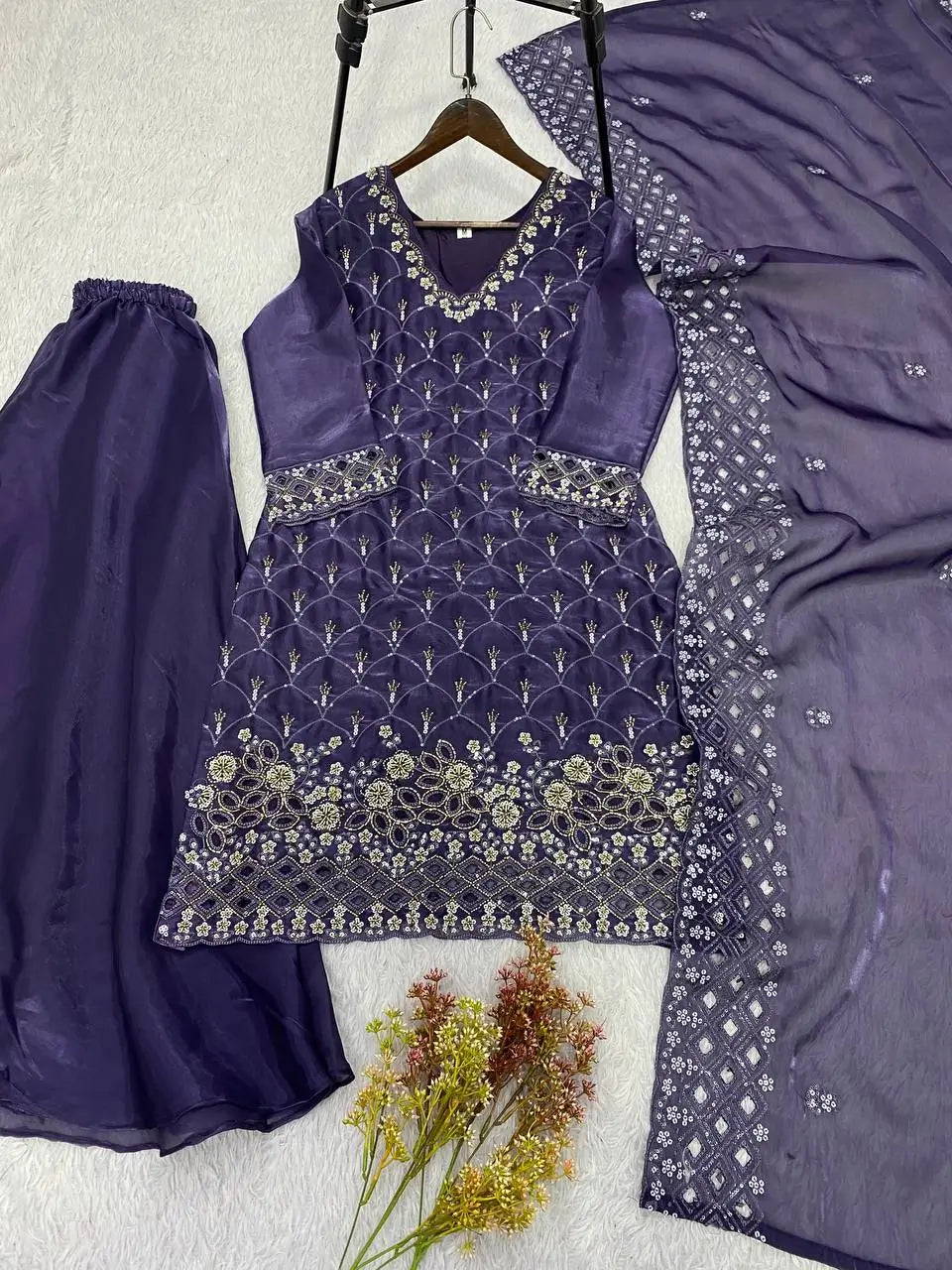 Elegant Hand Beaded Embroidered Palazzo Suit Set for Festive and Family Functions