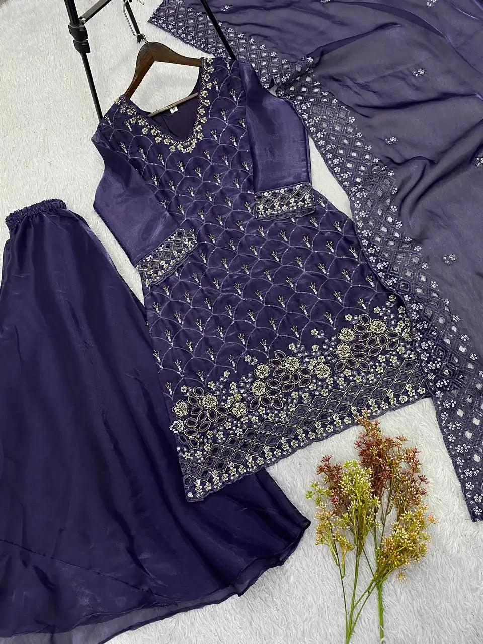 Elegant Hand Beaded Embroidered Palazzo Suit Set for Festive and Family Functions